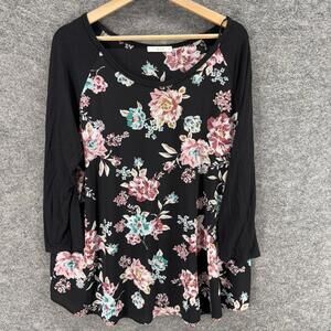 Le Lis T-Shirt Women M Medium Black Floral Long Sleeve Round Neck Casual Stretch